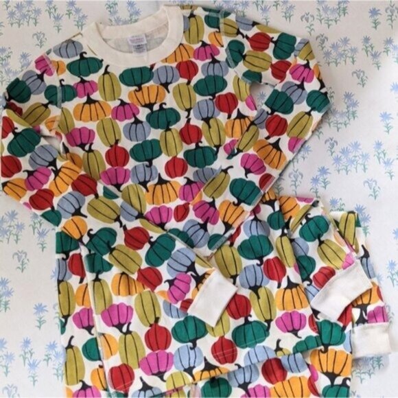 Hanna Andersson Colorful Pumpkins Kid's Pajamas 12 Organic Cotton Long Johns - Picture 2 of 6